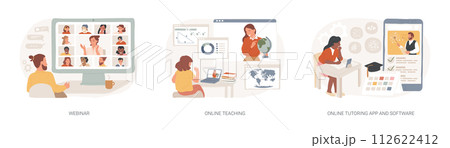 E-learning isolated concept vector illustration set. Webinar, online teaching, online tutoring app and software, video call and chat, video course, schedule software, learning plan vector concept. 112622412
