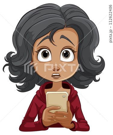 Surprised Cartoon Girl Holding Smartphone 112622486