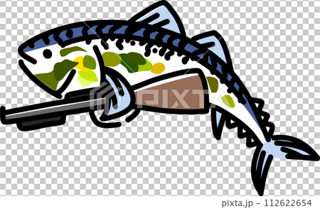 迷彩柄のおもしろい鯖のキャラクターイラスト 迷彩柄のおもしろい鯖のキャラクターイラスト 112622654