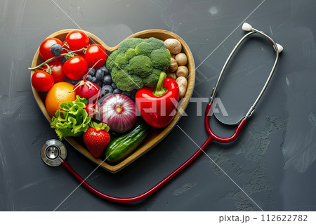 Healthy foods that are good for the heart with colorful fruits and vegetables 112622782