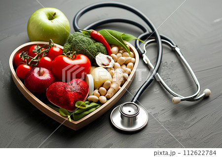 Healthy foods that are good for the heart with colorful fruits and vegetables 112622784