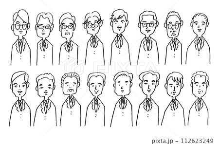 手描きのスーツ姿で並ぶ男性イラストセット モノクロ 線画 手描きのスーツ姿で並ぶ男性イラストセット モノクロ 線画 112623249