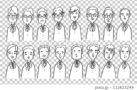 手描きのスーツ姿で並ぶ男性イラストセット モノクロ 線画 手描きのスーツ姿で並ぶ男性イラストセット モノクロ 線画 112623249