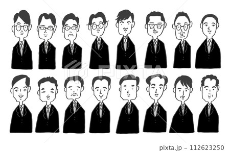 手描きのスーツ姿で並ぶ男性イラストセット モノクロ 手描きのスーツ姿で並ぶ男性イラストセット モノクロ 112623250