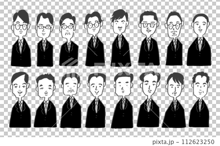 手描きのスーツ姿で並ぶ男性イラストセット モノクロ 手描きのスーツ姿で並ぶ男性イラストセット モノクロ 112623250