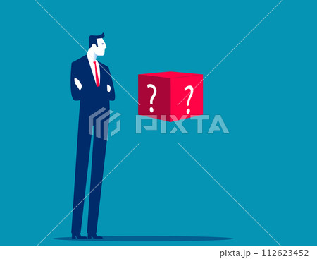 Person with mystery box. Gift box vector concept Person with mystery box. Gift box vector concept 112623452