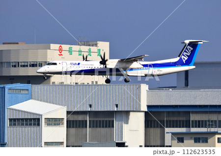 大阪国際空港　ANA　ボンバルディア　DHC8-Q400 プロペラ機　着陸態勢　スカイパーク 112623535