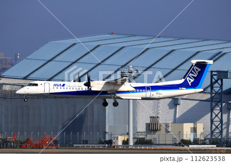大阪国際空港　ANA　ボンバルディア　DHC8-Q400 プロペラ機　着陸態勢　スカイパーク 112623538