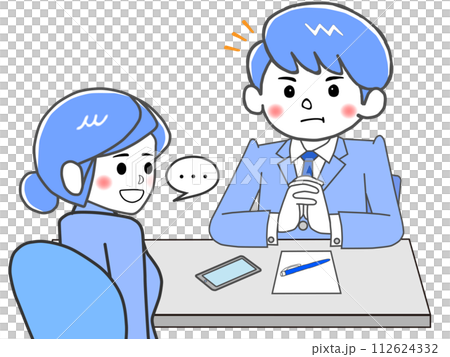 I see, the male staff member folds his hands in front of himself and nods as he hears the consultant's story. 112624332