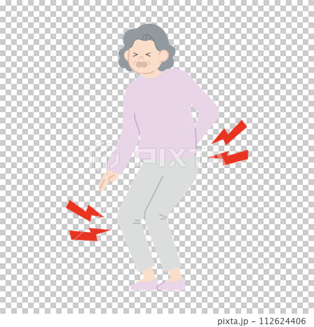 Senior woman with back pain and knee pain 112624406