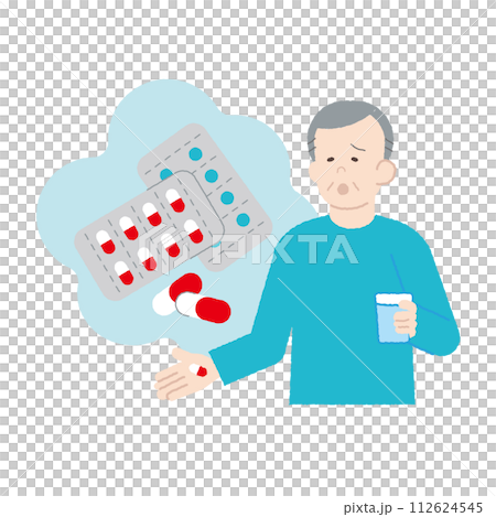 Senior man taking medicine, worrying, forgetting 112624545