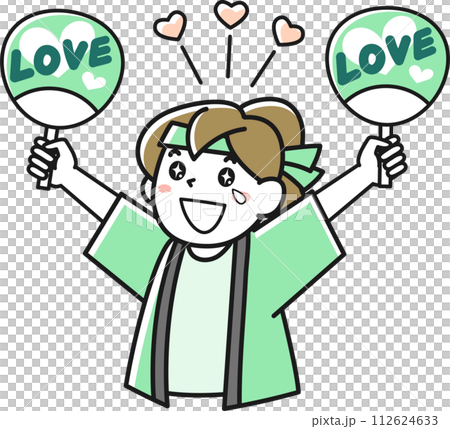 Upper body of a young woman holding a fan and cheering for the crowd 112624633