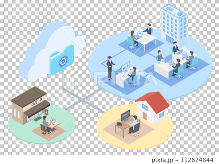 Isometric illustration of people working remotely using cloud sharing services 112624844