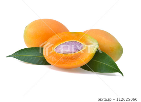 Sweet Yellow Marian plum with leaves isolated on white background. Sweet Yellow Marian plum with leaves isolated on white background. 112625060