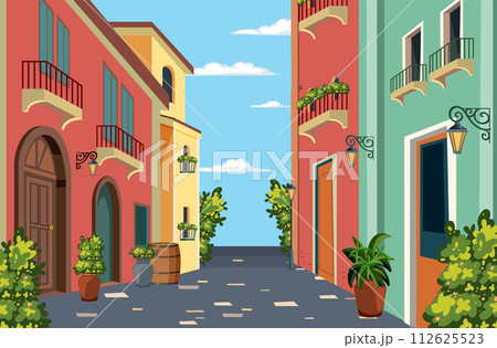 Colorful Mediterranean Alleyway Illustration Colorful Mediterranean Alleyway Illustration 112625523