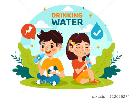 People Drinking Water From Plastic Bottles and Glasses with Pure Clean Fresh Concept in Flat Kids Cartoon Vector Illustration 112626274