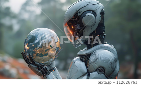 A humanoid robot delicately cradles planet...のイラスト素材 [112626763] - PIXTA