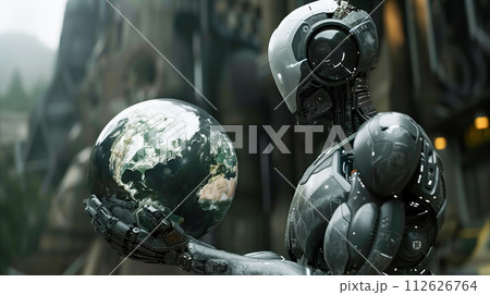 A humanoid robot delicately cradles planet Earth in her hand. The concept conveys a vision where advanced AI contributes to sustainable practices. Generative AI. 112626764