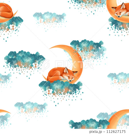 Cute little fox sleeps on the cloud, hand drawn...のイラスト素材 [112627175 ...