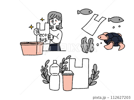 海洋生物にプラスティックゴミが与える影響についてのイラスト 海洋生物にプラスティックゴミが与える影響についてのイラスト 112627203