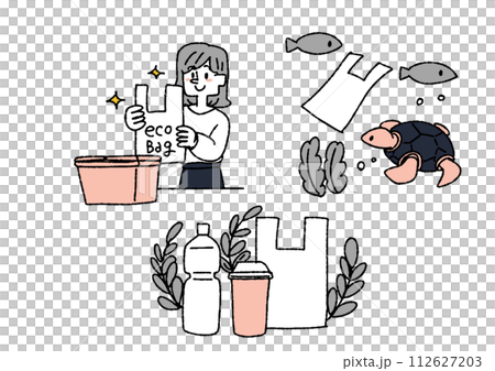 海洋生物にプラスティックゴミが与える影響についてのイラスト 海洋生物にプラスティックゴミが与える影響についてのイラスト 112627203