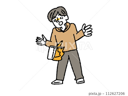 モバイルバッテリーが発火して驚く男性　火事で火種になるものに関するイラスト 112627206