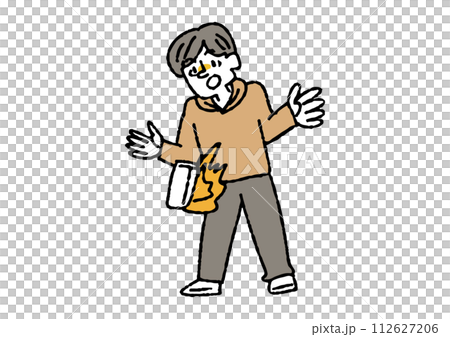 モバイルバッテリーが発火して驚く男性　火事で火種になるものに関するイラスト 112627206