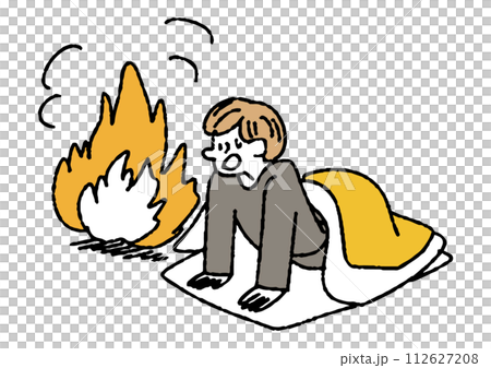 起きたら火事が起きていて驚く男性　火事で火種になるものに関するイラスト 112627208