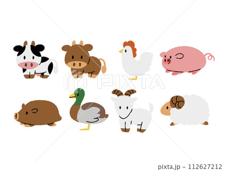 家畜、食用肉になる動物の可愛いアイコンセット 112627212