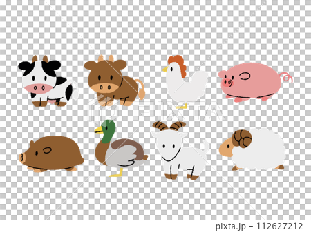 家畜、食用肉になる動物の可愛いアイコンセット 112627212