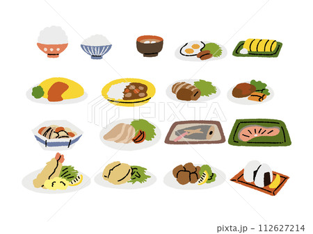 日本の食卓に並ぶメニューのイラストセット 112627214
