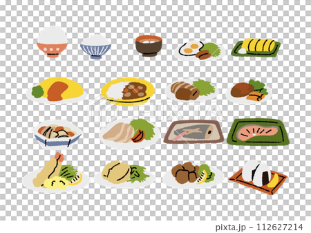 日本餐桌上排列的菜單插圖集 112627214