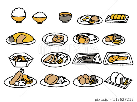 日本の食卓に並ぶメニューのイラストセット 112627215