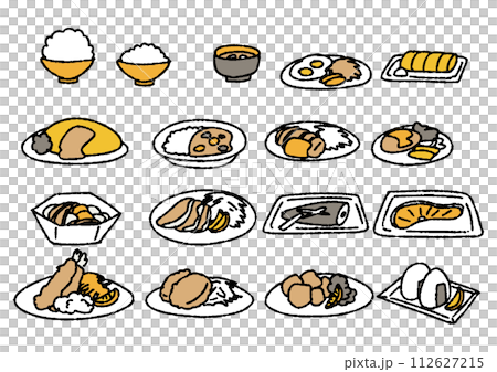 日本の食卓に並ぶメニューのイラストセット 112627215