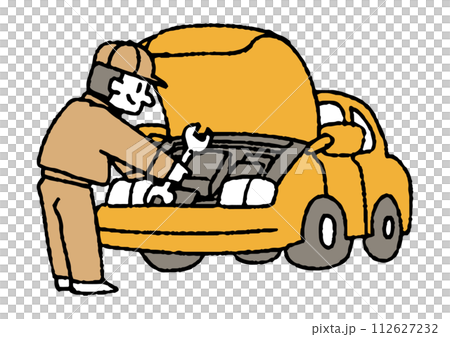 Illustration of a mechanic maintaining a car 112627232