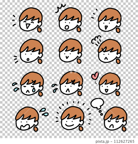 女孩的臉部插圖有各種表情 — 情緒、憤怒、悲傷、幸福 112627265