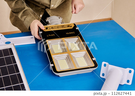 LED street lamp recharged from solar panel, assembly of fittings for mounting to wall or pole. LED street lamp recharged from solar panel, assembly of fittings for mounting to wall or pole. 112627441