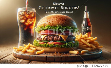 美味しそうなハンバーガーとコカコ－ラ 112627479