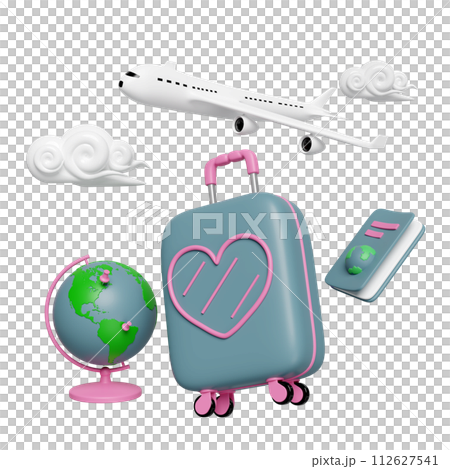3d suitcase with passport or international travel for tourism, airplane, globe, cloud isolated. 3d render illustration 112627541