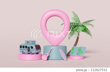 3d pin on podium with map, palms tree, tourist bus, luggage, surfboard, guitar isolated. map earth travel concept, 3d render illustration 3d pin on podium with map, palms tree, tourist bus, luggage, surfboard, guitar isolated. map earth travel concept, 3d render illustration 112627552