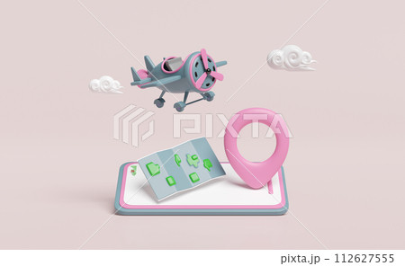 mobile phone, smartphone 3d with propeller plane, location pin, GPS navigator, map, cloud isolated on pink background. summer travel, delivery concept, 3d render illustration 112627555