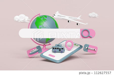 search bar with smartphone, plane, location pin, GPS navigator, map, orb, boat, train tickets, bus, cloud isolated on pink background. summer travel, delivery concept, 3d render illustration 112627557
