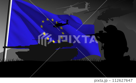 Europe is ready to enter into war, silhouette of military vehicles with the country's flag waving 112627647