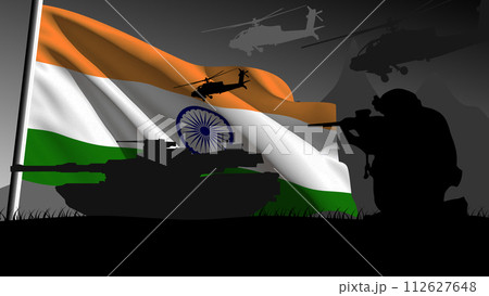 India is ready to enter into war, silhouette of military vehicles with the country's flag waving 112627648