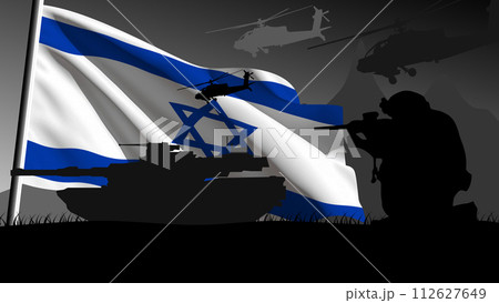 Israel is ready to enter into war, silhouette of military vehicles with the country's flag waving 112627649