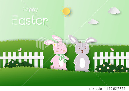 Happy Easter concept,Paper cut and craft style with cute rabbits happy in the garden Happy Easter concept,Paper cut and craft style with cute rabbits happy in the garden 112627751