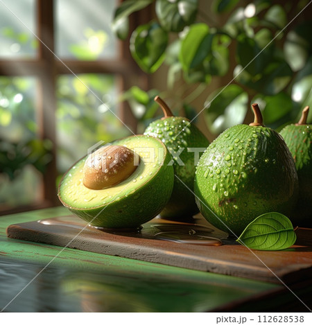 ripe avocados on a kitchen board 112628538