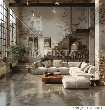 AI-generated content. Industrial loft living space with exposed ductwork and concrete floors 112628851