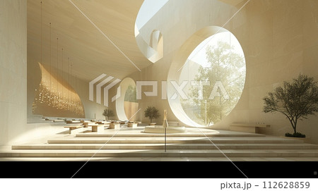 AI-generated content. Modern minimalist chapel with simple architectural lines and natural lightHyperrealistic 112628859