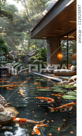 AI-generated content. Tranquil koi pond with a surrounding sitting area and lush landscapingHyperrealistic 112628897